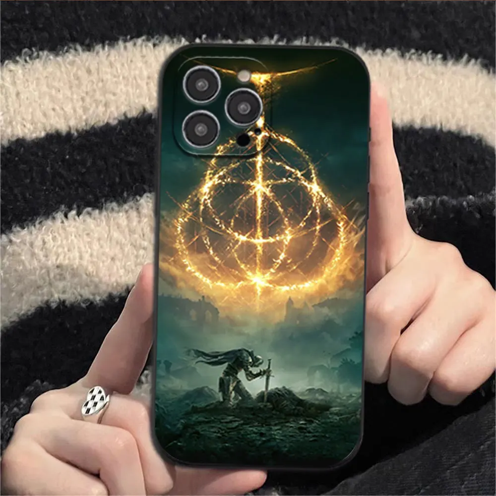 E-Elden Warrior Ring Hot Phone Case for iPhone 12 11 13 14 15 16 Max Pro Plus Black Soft Silicone shell