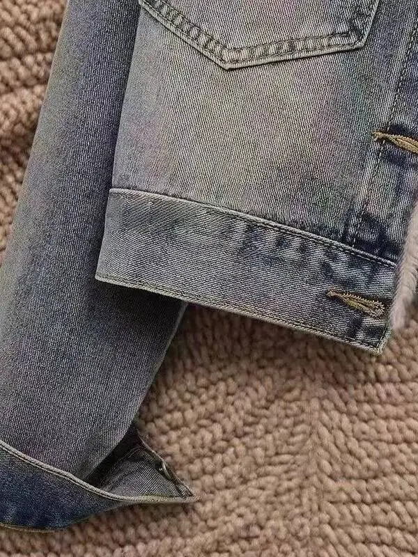 Women's Fce Lined Thiened Denim Jaet Retro Sle Loose Ort Fit All Match Winter Warm Top Button Closure Pure Color