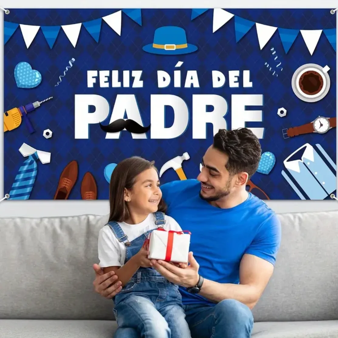 Feliz Dia Del Padre Spanish Happy Father's Day Backdrop Blue Grid Ties Trophy Best Dad Family Party Decor Banner Photozone Props
