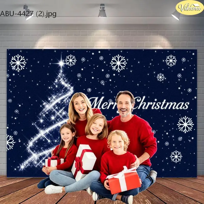 VIKAMA Navy Blue Glitter Christmas Tree Photography Backdrop Snowflakes Merry Xmas Family Portrait Photo Background Home Studio