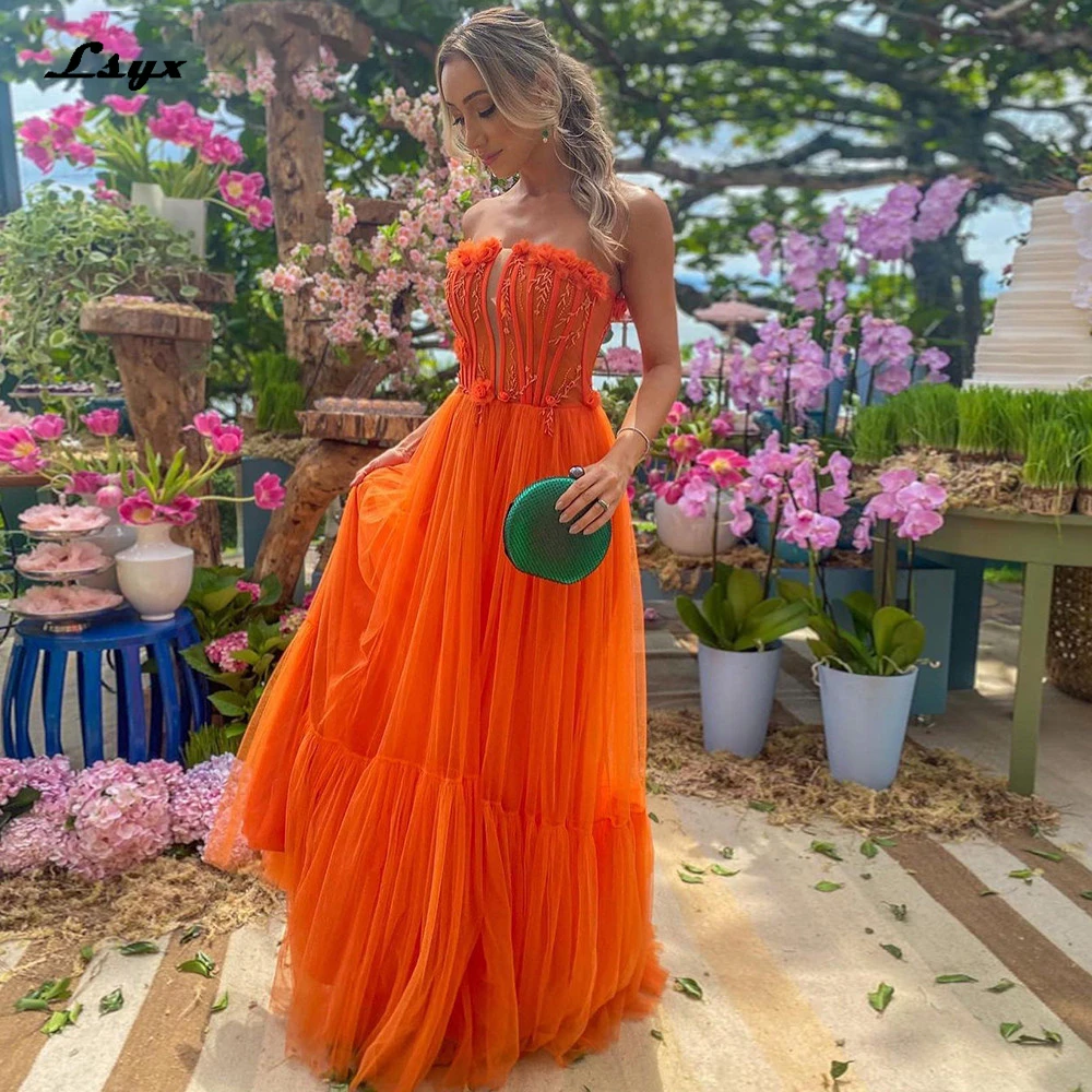 LSYX Orange Arabic Women Formal Prom Dress Sexy Strapless Prom Dress Handmade Flower Evening Dress Multi-layer فستان سهرة