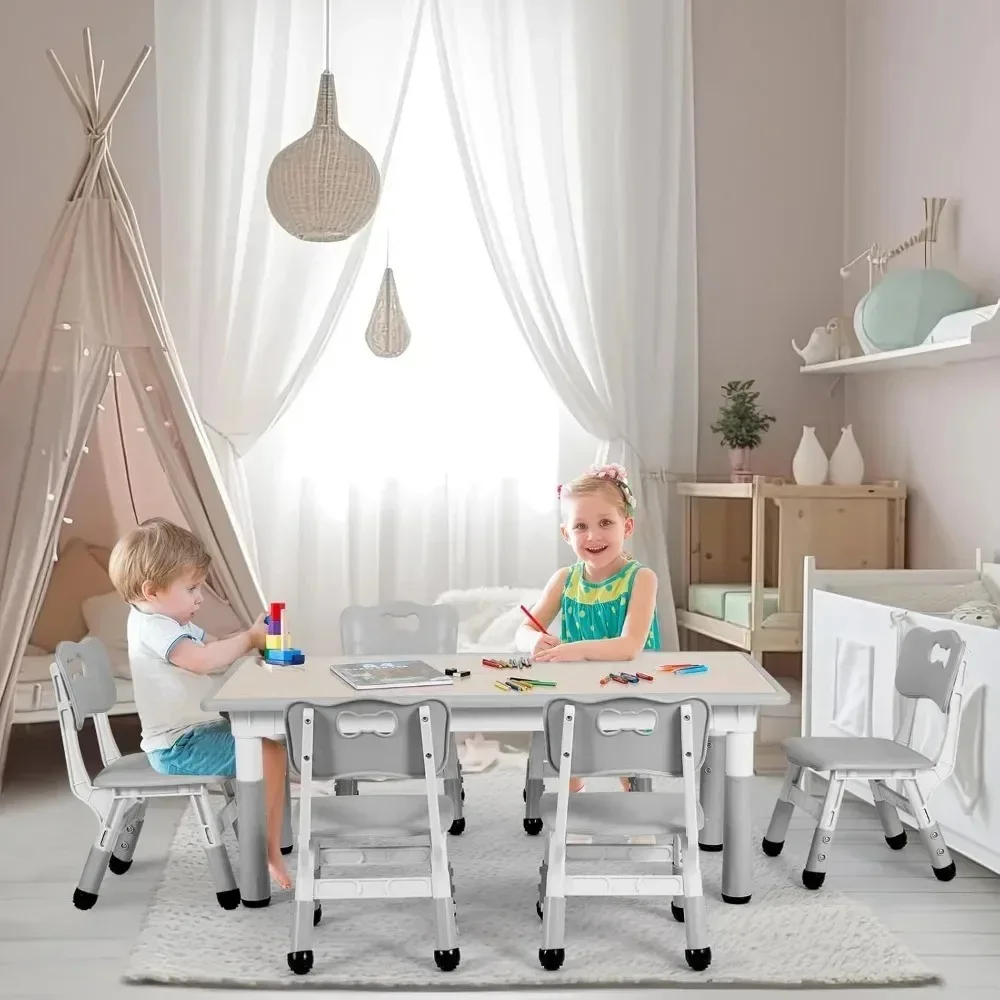 

Kids Study Table and 6 Chairs Set, Height Adjustable Graffiti Table, Preschool Activity Art Craft Table for 6, Multifunctional
