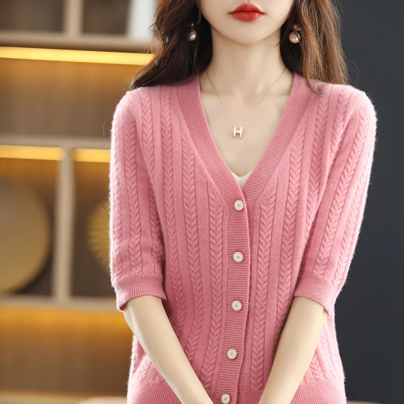 Ladies Pure Wool Knitted Half-Sleeve Wool Cardigan Spring And Summer New Skin-Friendly Elegant V-Neck Fashion Retro All-Match