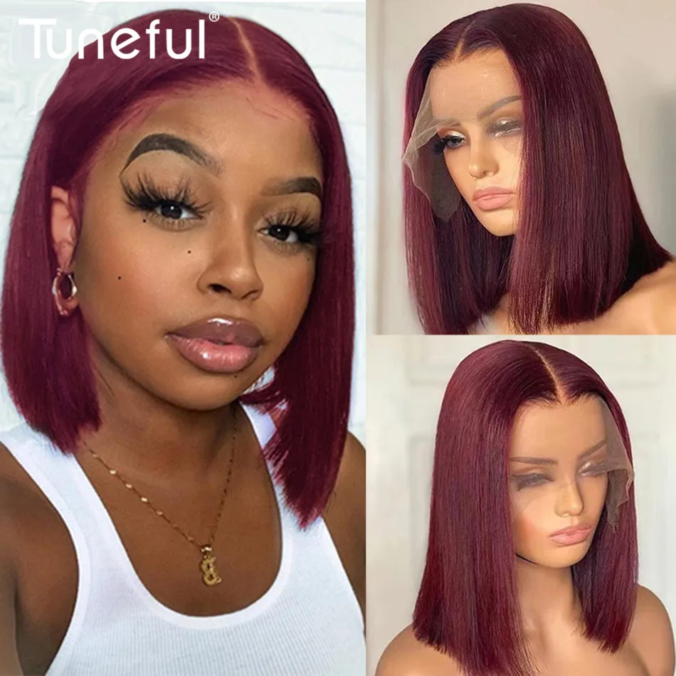 Tuneful 99j Burgundy Colored Human Hair Bob Wigs Straight 13x4 Full Frontal Human Hair Wigs Lace Front Wigs 180% Density