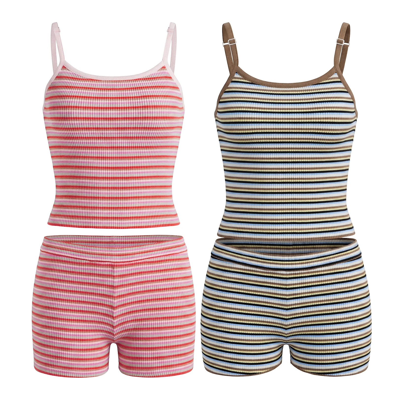 Women's Knitted 2Piece Pjs Set Striped Cami and Shorts Ribbed Matching Loungewear Set 90s Retro Night Out Outfits Streetwear