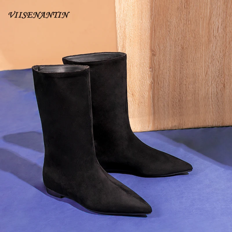 Size 34-41 Sexy Women Pointed Toe Flat Heel Short Boots British Women Footwear Suede Leather Slip on Wedge Boots New Design