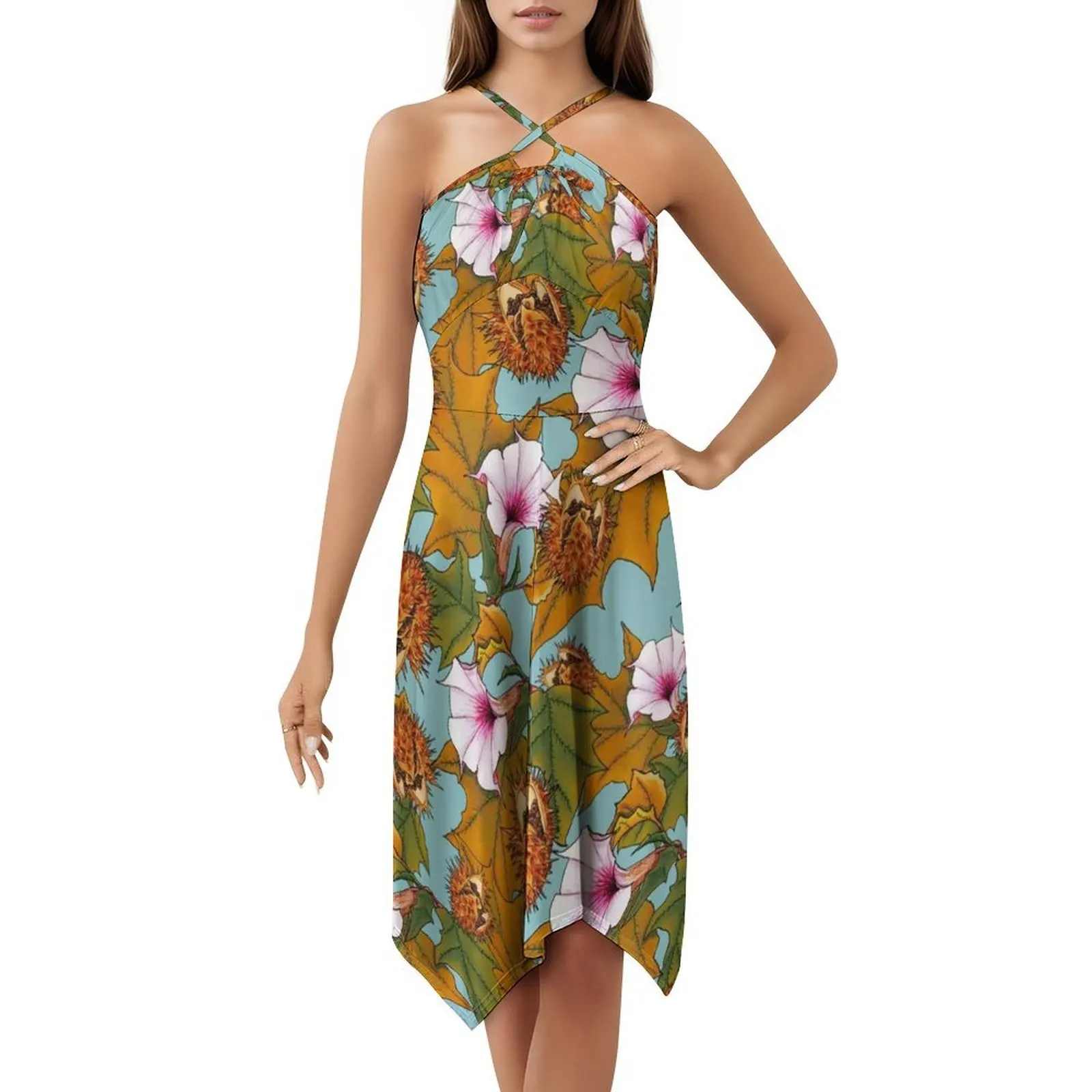 فستان Datura النسائي الهيب هوب ملابس الشارع الشهير مطبوع عليه رسومات جرافيكية للحفلات والنوادي ملابس نسائية بنمط زهور الداتورة