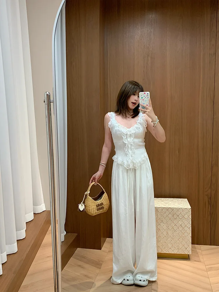 

Льняные брюки с высокой талией и широкими штанинами для похудения, летние, в двух цветах, простые, повседневные, прямые, новинка