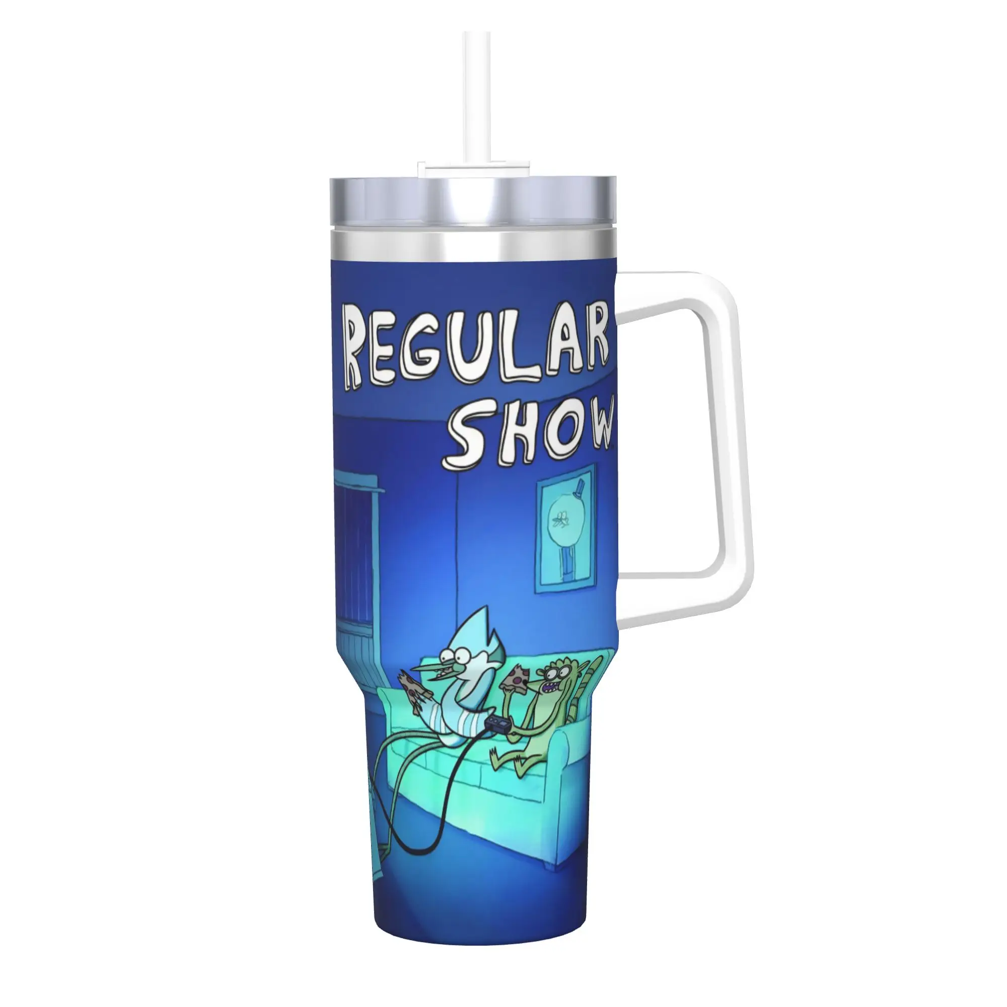 Regulars Show Cartoon Character Tumbler With Straw Stainless Steel Travel Mugs Double Wall Vacuum Insulated for Cold Or Hot 40oz