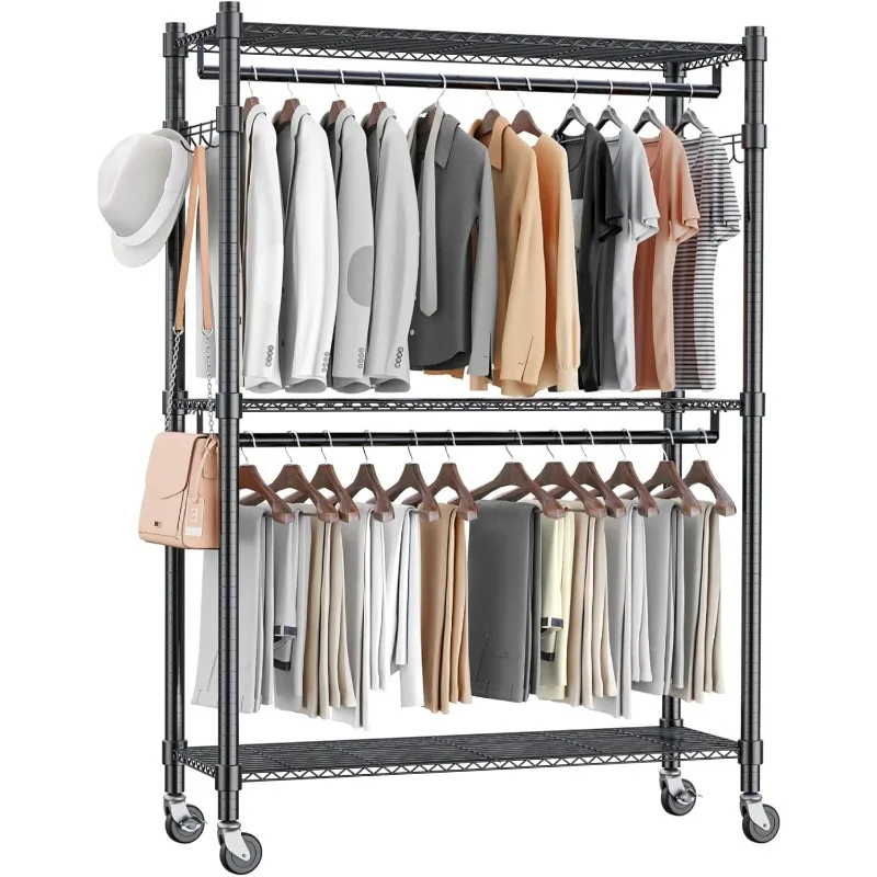 Rolling Garment Rack with Double Rod, Heavy Duty Clothing Rack with Shelves, Portable Clothes Rack