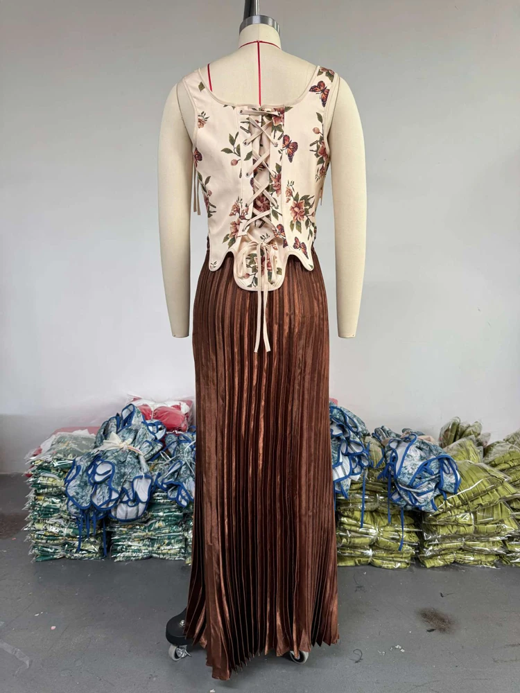 Damen-Kleider-Sets, Blumendruck, Korsett-Oberteil, hohe Taille, plissiert, lange Maxiröcke, Anzug, 2025, Party, Abend, 2-teiliges Set, Outfit – Detail 13