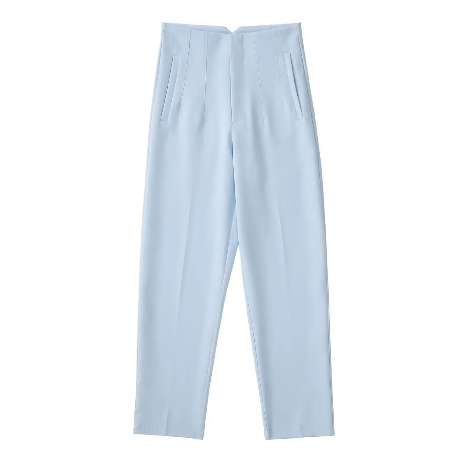 Straight Leg Pants High Waist Full Length Vintage Trousers for Women - Sky Blue