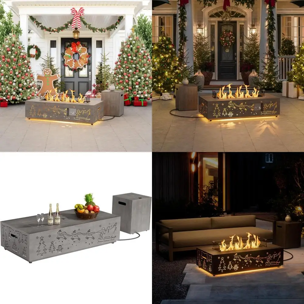

Propane Fire Pit Table with Christmas Cutout and LED Lights - 50,000 BTU Wind Guard Glass Lid Rocks Cover