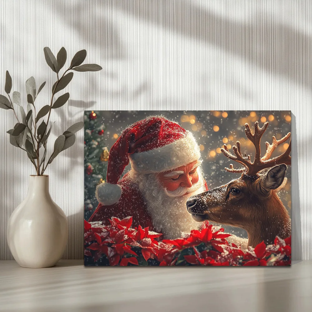 1pc,Santa Claus Caresses The Deer's Head A,  Waterproof Wall Painting Poster Picture Art,Holiday Gift,  Framed, 16x12inch