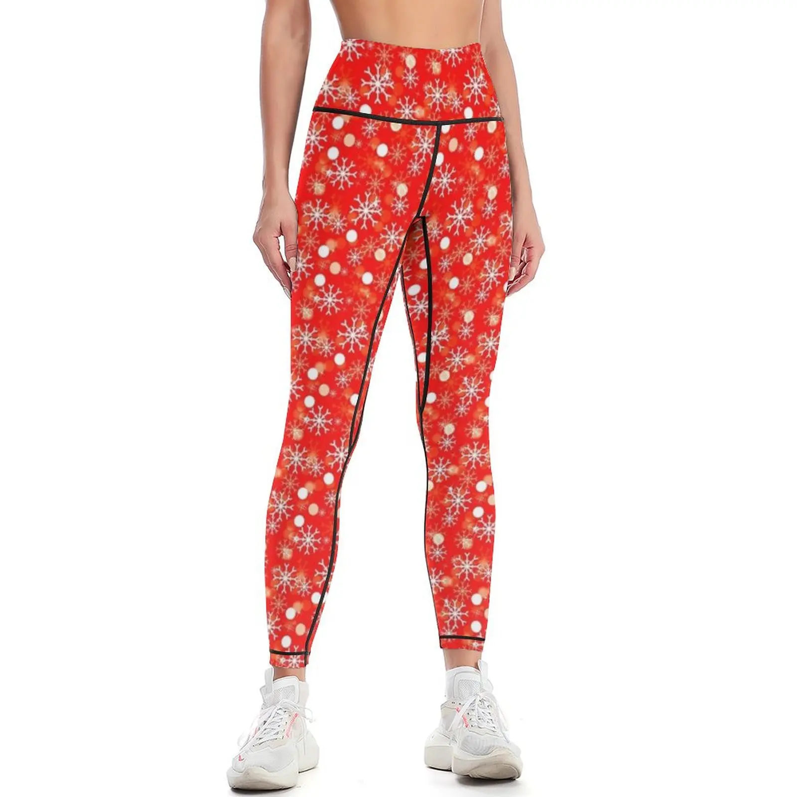 

White Christmas Snowflakes on a Festive Red Background Leggings sports shirts gym Legging sexy woman Womens Leggings