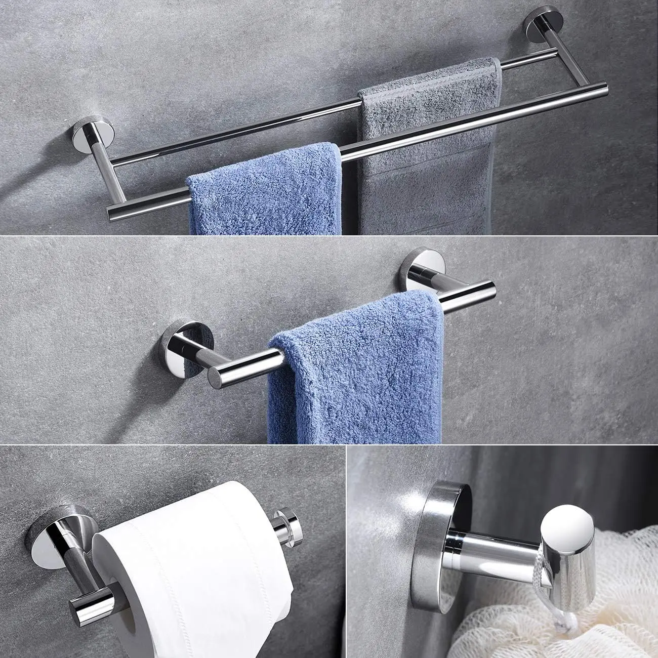 4-Piece Bathroom Accessories Set  Stainless Steel - Includes Double Towel Bar, Hand Towel Rack, Toilet Paper Holder, Robe Hooks