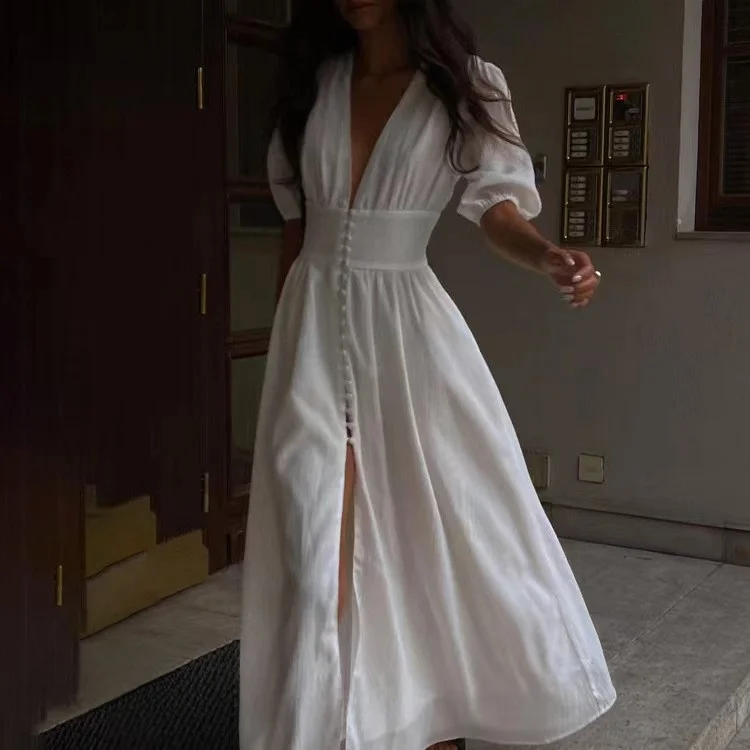 

Ele Bubble Sve Dr High Waist A-Line Long Skirt V-Ne Button Detail Commute Sle ort Sve Color