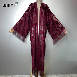 WINYI kimono Perspective sexy cardigan Bikini Cover-up Holiday maxi beach swimsuit evening party dress vestidos fashion kaftan