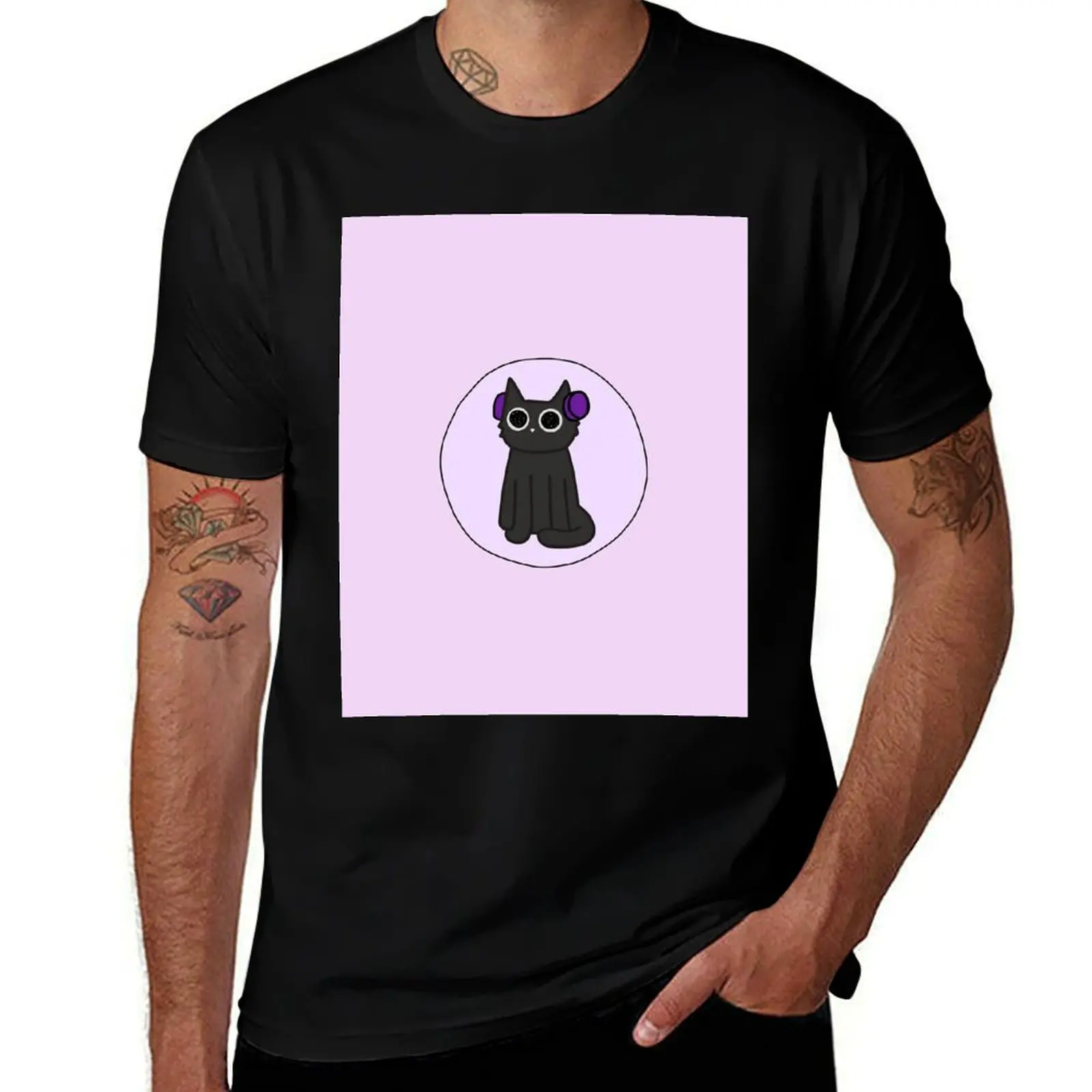 

Cute black Cat with headphones Circle variant T-Shirt man t shirts for men casual T-Shirt