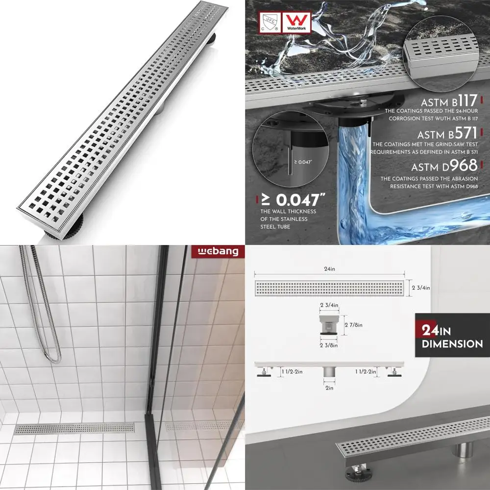 

24 Inch Rectangular Shower Drain with Square Hole Pattern Cover, Removable Grate, Stainless Steel 304, Floor Drain Accessory Kit