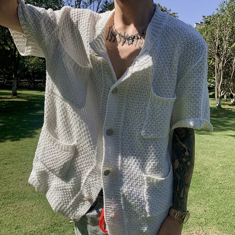 Summer Small Fragrance of Solid Color Short-sleeved T-shirt Men Korean Version of The Trend Light Luxury Knitted Cardigan Coat