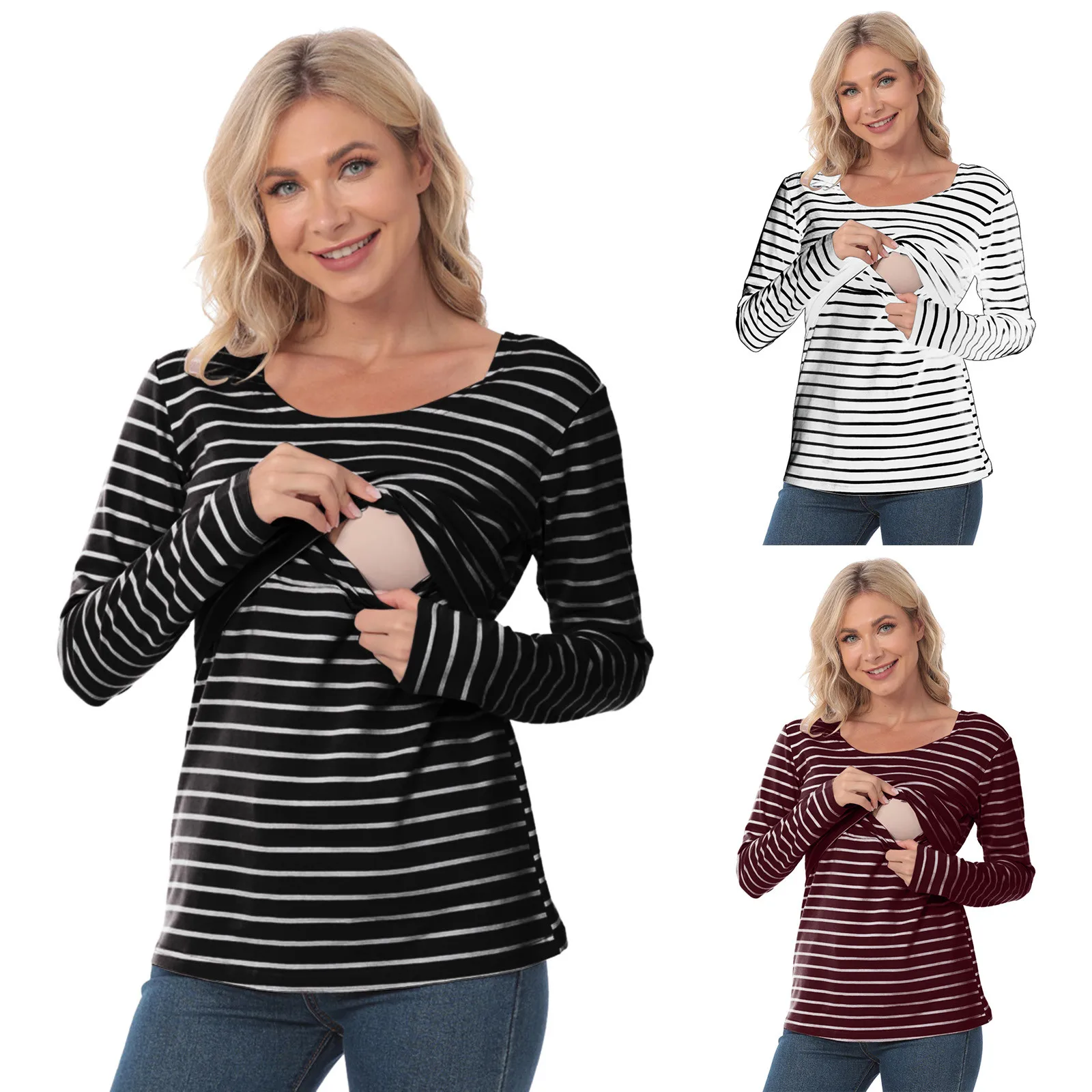 

Striped Maternity T-shirts Long Sleeve Nursing Breastfeeding Clothes For Pregnant Women Cotton Postpartum Tees Pregnancy T Shirt