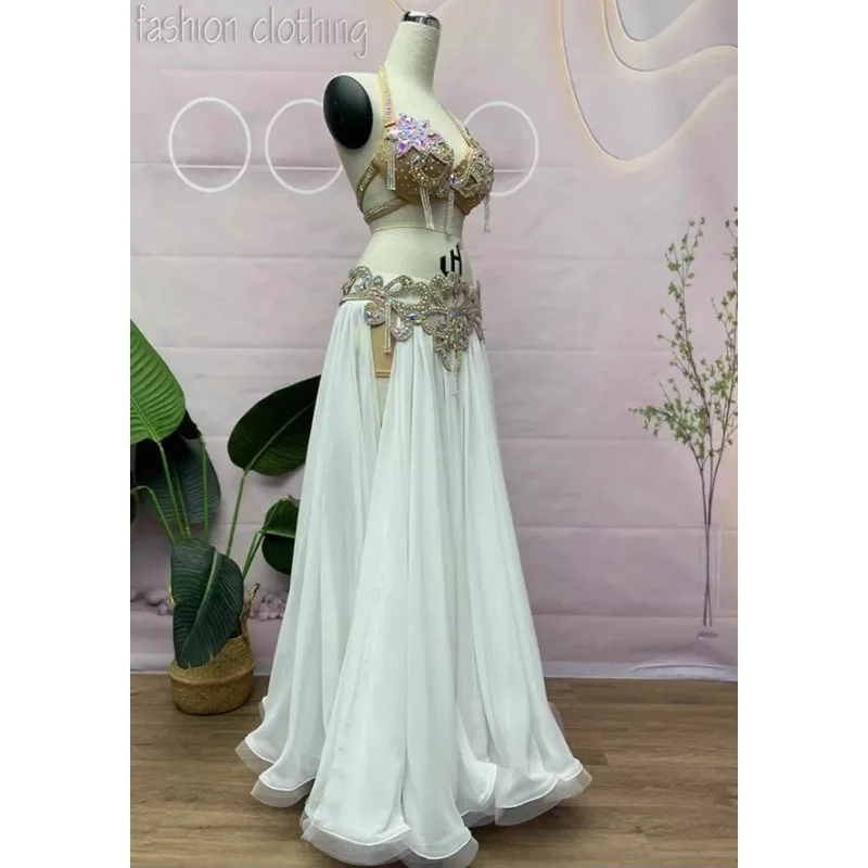 تخصيص أزياء الرقص الشرقي الصناعة الثقيلة أداء الرقص الشرقي فستان ثلاث قطع مجموعة حمالة صدر بيضاء + غطاء الخصر + فستان طويل #5