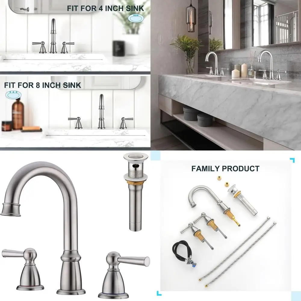 

8 Inch 3-Hole Brushed Nickel Bathroom Faucet with Pop-Up Drain and 2 Handles for 4 Inch Sinks