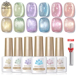 BORN PRETTY Crystal Glass Cat Magnetic Gel Nail Polish Set for Spring Summer Pastel Glitter Cat Magnetic Gel Manicure Kit