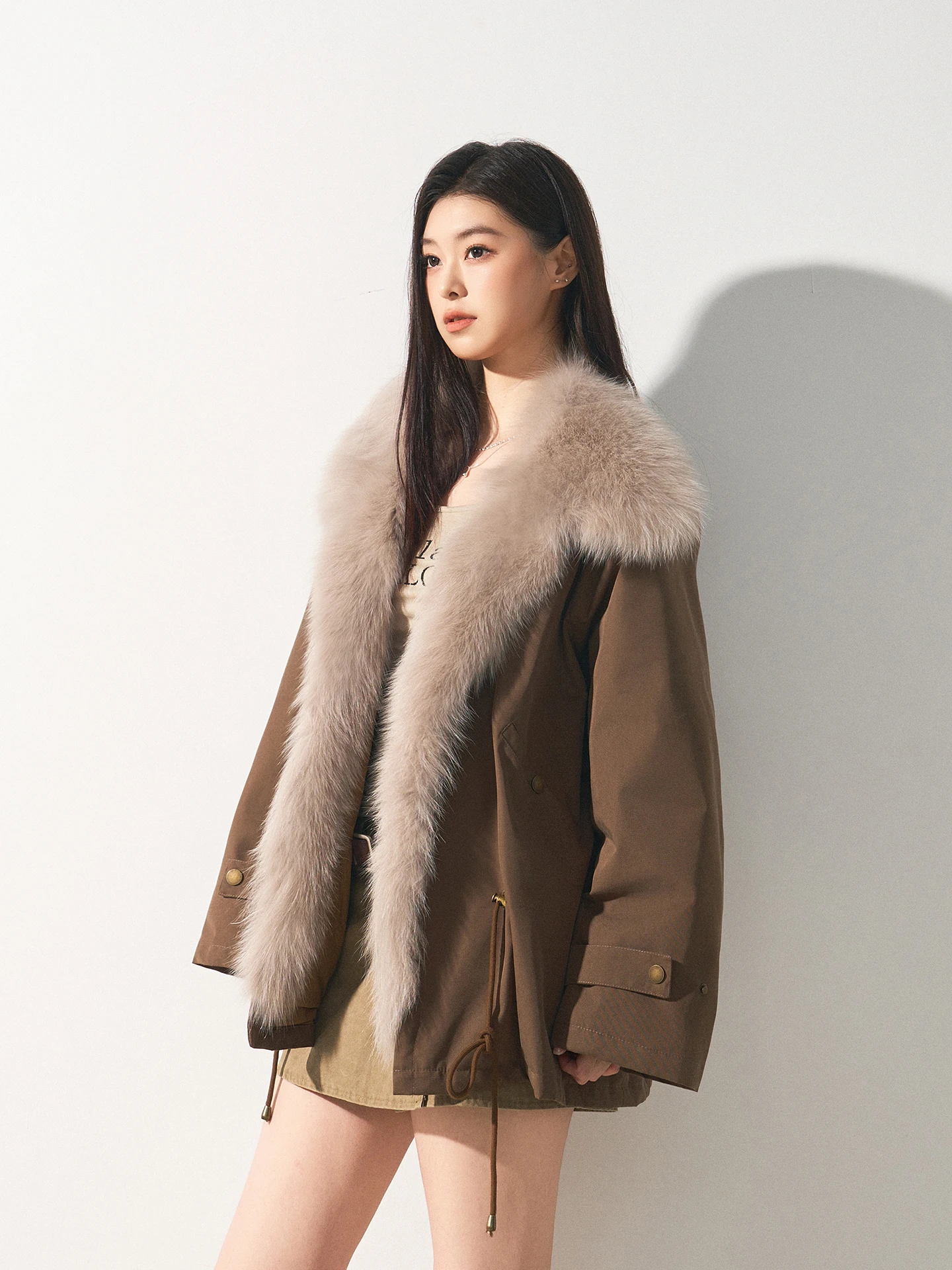 

Chen U Fur Collar Parka Women's Mid-Length Coat White Goose down Inner Fur Leather Jaet Commute Sle Long Sve