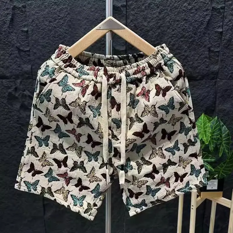 2024 Butterfly Popular Jacquard Shorts Men\'s Summer Casual and Breathable Knee Length Pants Lovers Wild Straight Beach Pants
