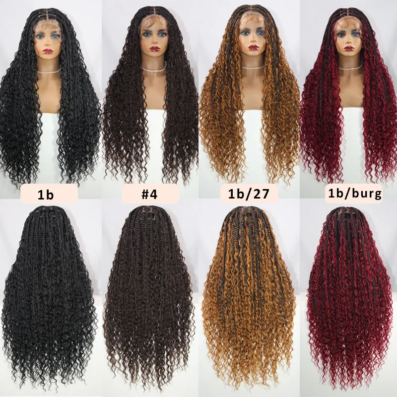 Wig kepang kotak renda penuh 32 ", Wig kepang Bohemian bordir rambut bayi untuk wanita warna hitam, dewi tanpa simpul dengan rambut ikal