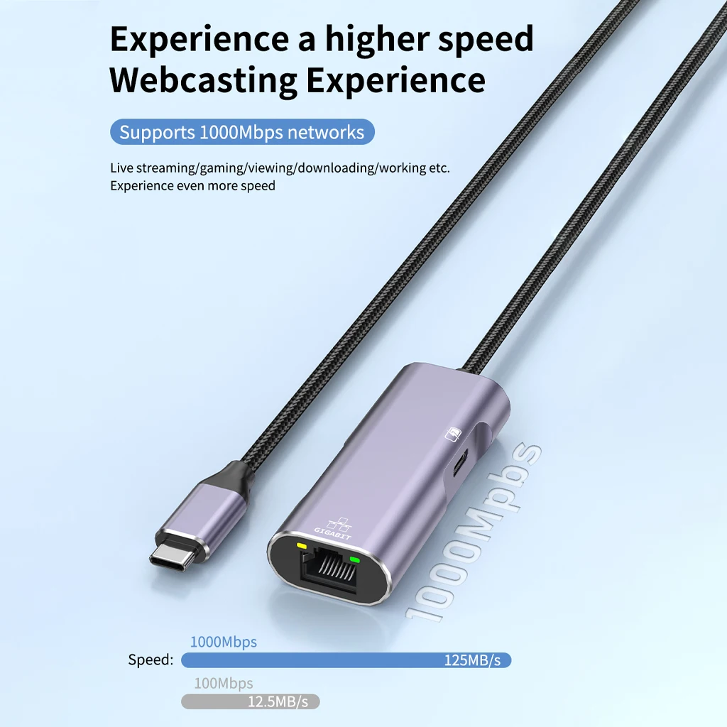 محول كابل شبكة USB C مع منفذ شحن سريع PD100W 1000Mbps من النوع C إلى إيثرنت RJ45 Lan جيجابت محول للكمبيوتر المحمول