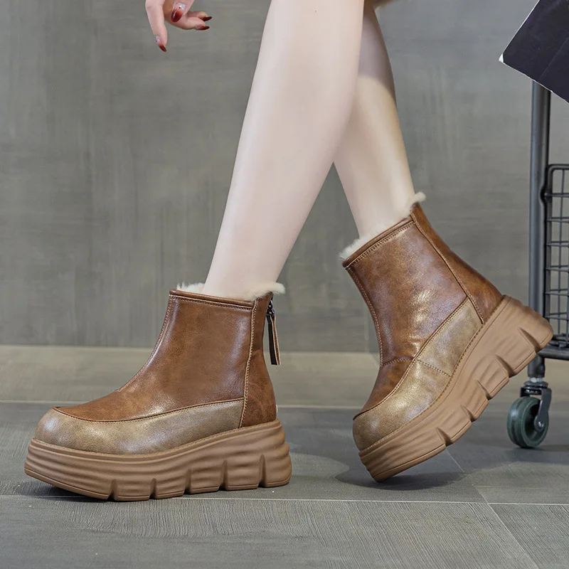 

Новинка 2023 года, популярные короткие ботинки в стиле ретро, зимние ботинки из натуральной кожи на толстой подошве, зимняя шерстяная женская хлопковая обувь