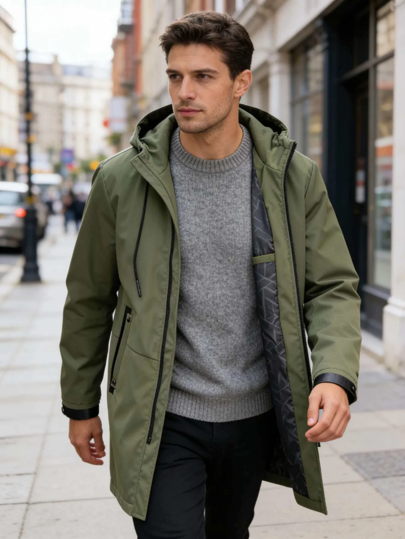 Black Men Long Hooded Parka Jacket  Adjustable Hood Zip Pockets Urban Casual Mid Length Wind Coat