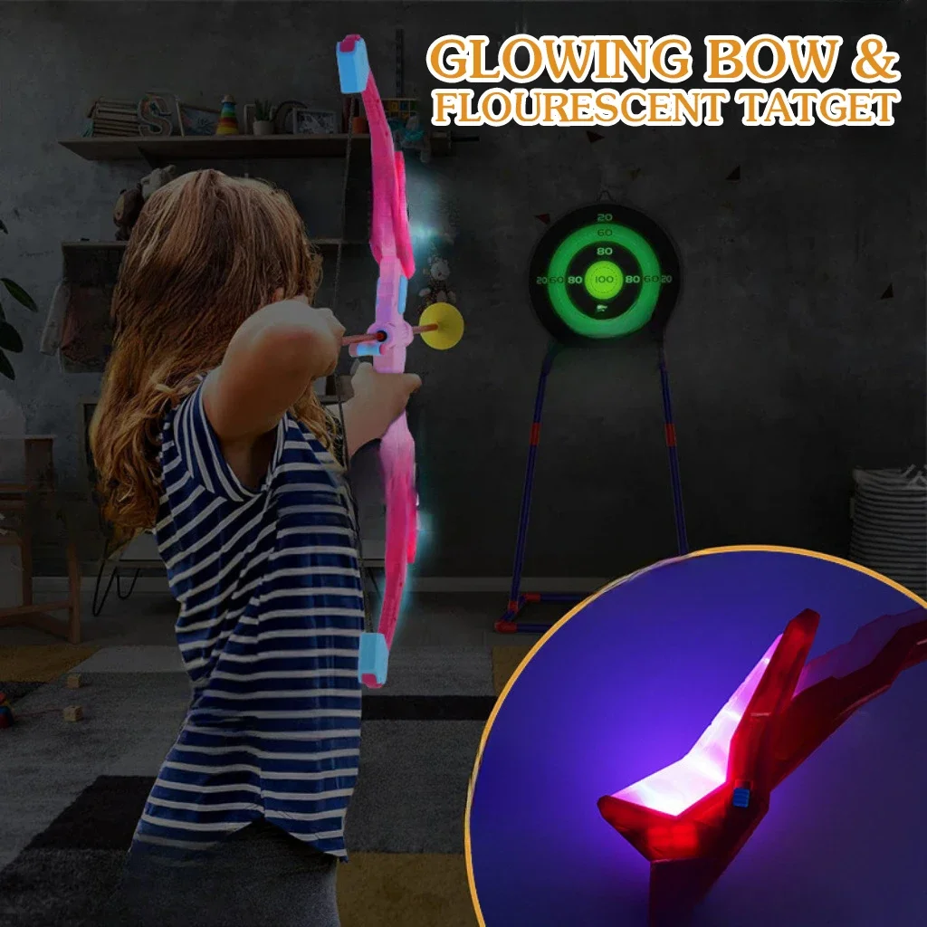 Light Up Archery Toy Set para crianças Arco e flecha, Brinquedos ao ar livre com alvo em pé, presentes de aniversário, Jogos Indoor, meninos e meninas