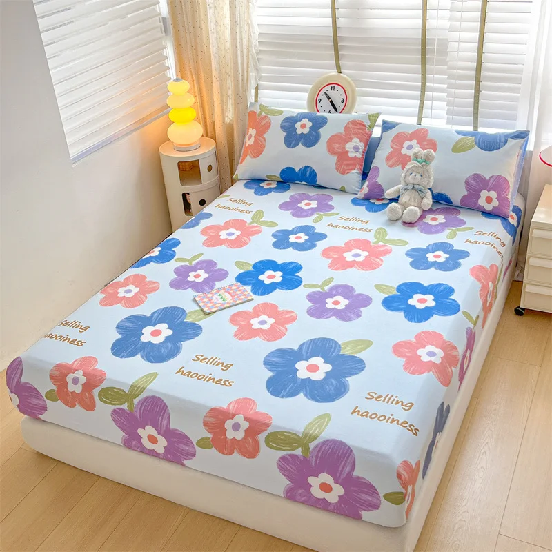 Colorful Floral 100%Cotton Fitted Sheets Set for Girls Cute Soft 3 Pieces Kids Mattress Cover 10 Inch Deep Pocket Fitted Sheets