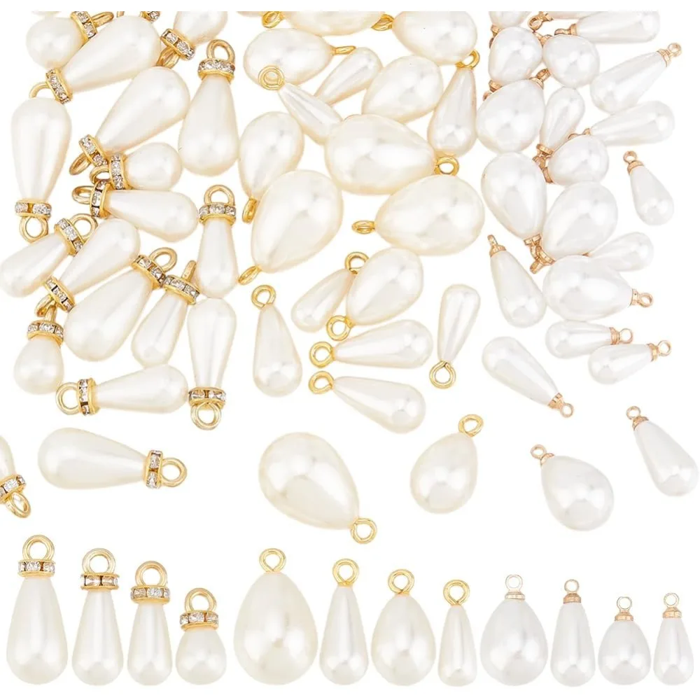 4 Sizes 72pcs Teardrop Pearl Pendants 3 Styles Waterdrop Pearl Pendants White Imitation Pearl Pendants