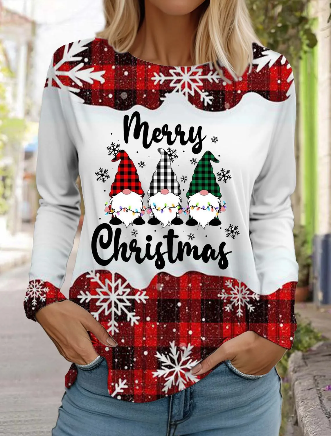 Christmas Animal Elk Women\'s Long Sleeves T-Shirt Monogram Round Neck Long Sleeved Autumn Clothing Holiday Fashion Party T-Shirt