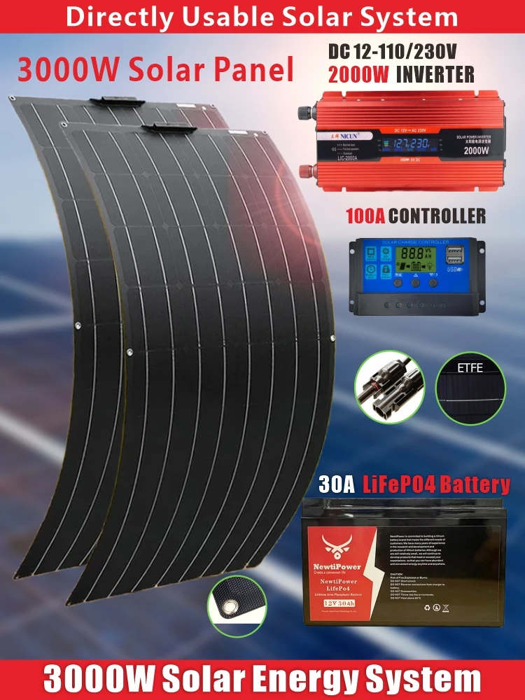 3000W Solar Panel System Kits With 2000W Inverter12V TO110V 220V 100A Charge Controller 20Ah30Ah LFP4 Battery For Home Car Camp