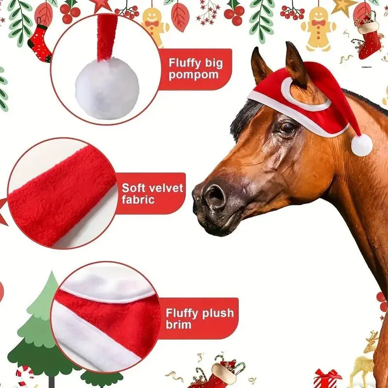 Santa Hat for Horse Equestrian Christmas  Horse Fly Ear Bonnet for Christmas Parade Horse Costume Holiday One Ear Slip On