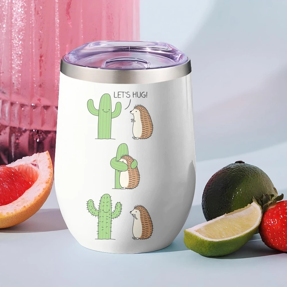 Hedgehog Hugging Cactus Vacuum Flasks 12oz Insulated Stainless Steel Mug with Lid Double Wall Vacuum Hot Cold Drink Cup