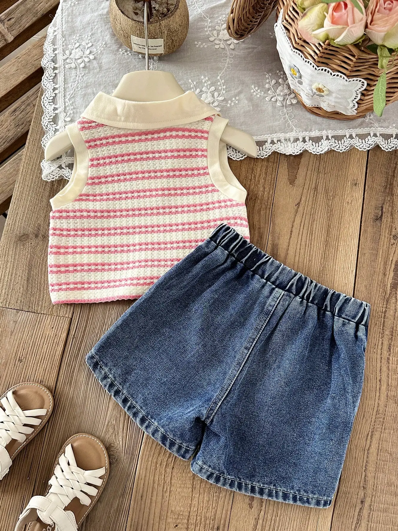 Cute Baby Daily Casual Set Textured Stripe Polo Tank Top Bow Accent Denim Skort