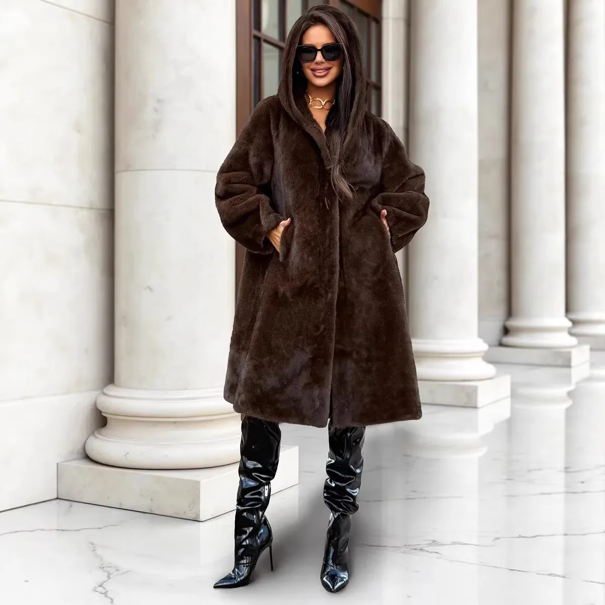 2026 Women's Fashion faux Mink Fur Coat Women Long Faux Mink fur Fluffy jacket With Hood Winter High Quality Ladies