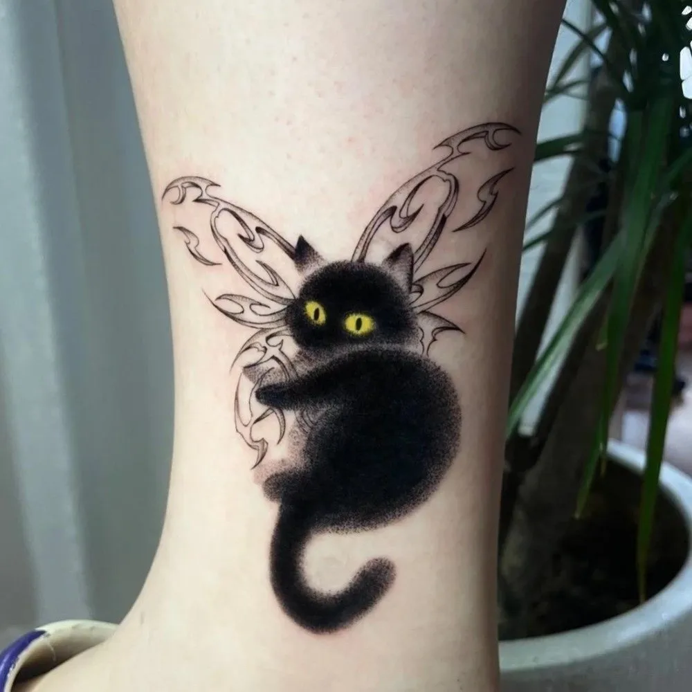 Wash Painting Style Black Cat Tattoo Stickers Water Transfer Decals Waterproof Kitty Temporary Tattoo DIY Long Lasting