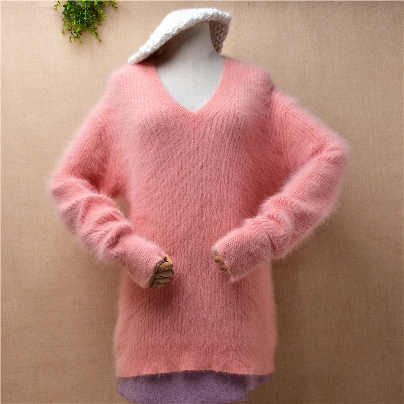 

04 Female Women Fall Winter Clothing Sweet Pink Striped Hairy Angora Rabbit Hair Knitted V-Neck Long Sleeves Loose Sweater Pull