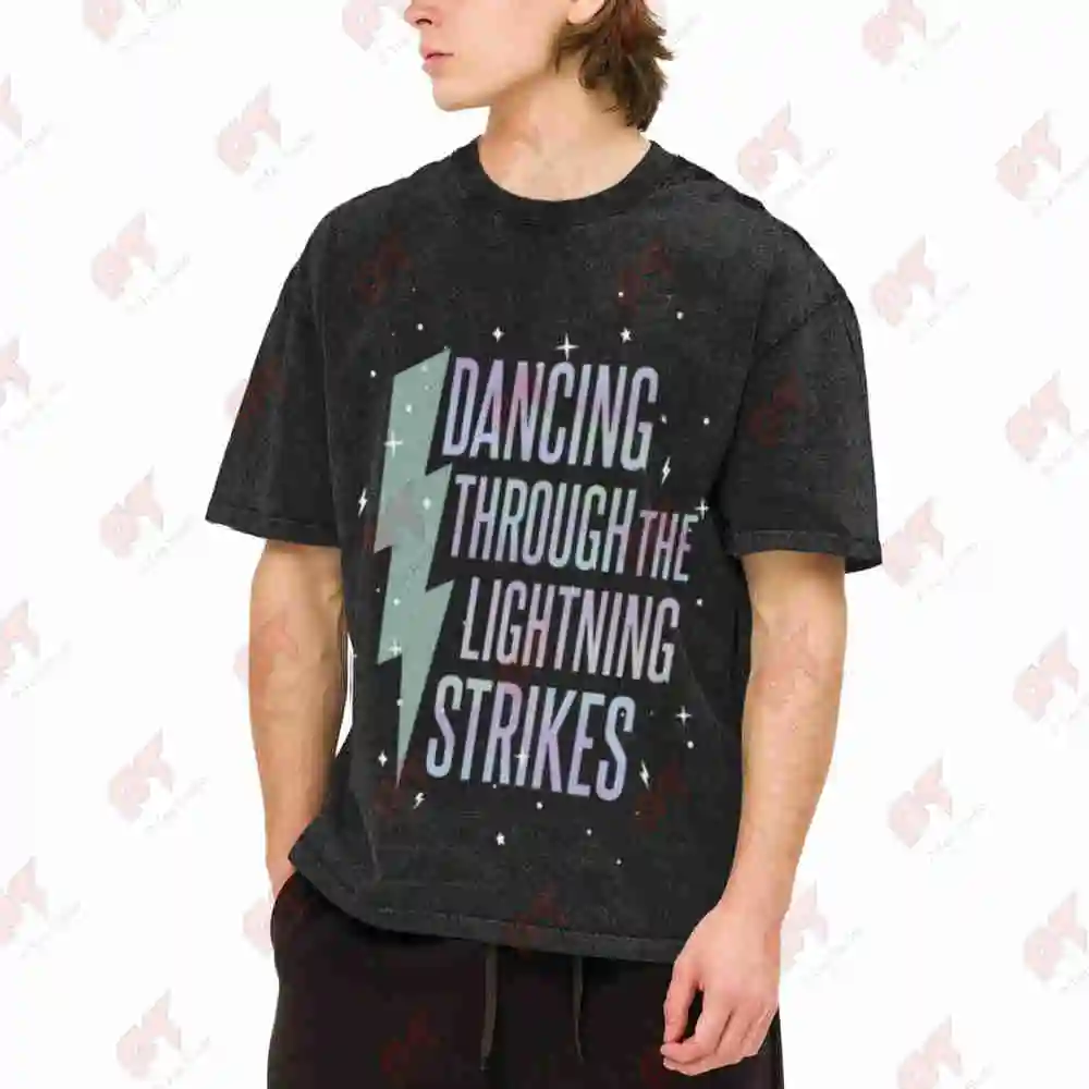 Lightning Strikes Dancing Through Vintage Washed Tee Pure Cotton T-Shirt