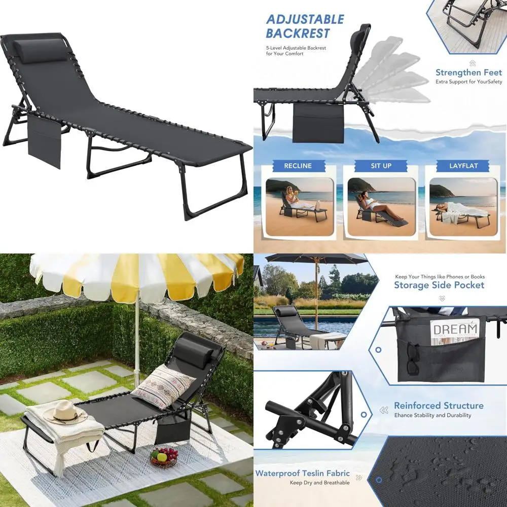 

Adjustable 5-Position Folding Chaise Lounge Chair for Outdoor Tanning, Ideal for Pool and Beach Sunbathing with Side Pocket