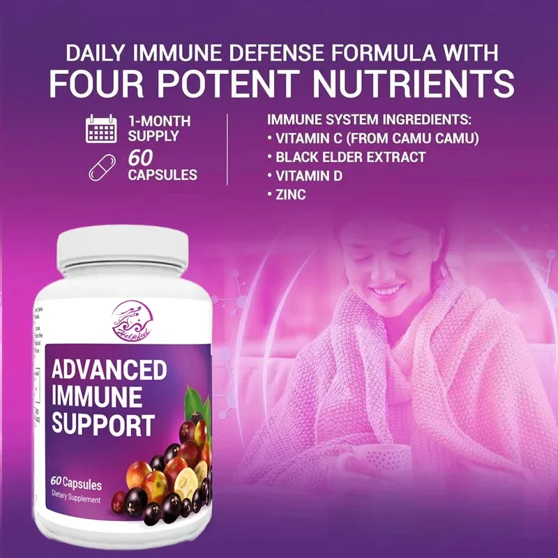 

Advanced Immune Support Daily Immune Multi System Defense Supplement, of c,zinc, and elderberry containing 60 capsules