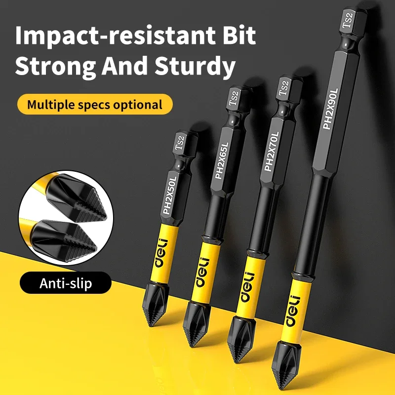 Deli 10pcs Magnetic Batch Head Impact Strong Cross High Hardness 25/50/65/70/90mm Anti Non-slip WaterProof PH2 Screwdriver Set